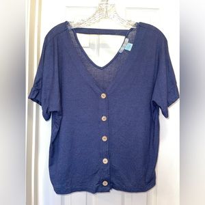 Blue Button-Up Short Sleeve Crop Top with Cutout Back